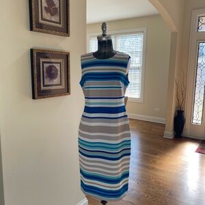 Calvin Klein Teal, Blue & Gray Striped Sleeveless Midi Dress